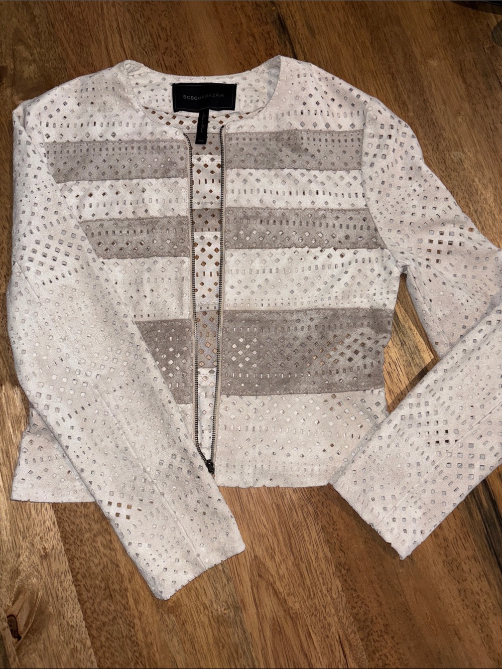 BCBGMaxAzria White and Taupe Perforated Zip Jacket